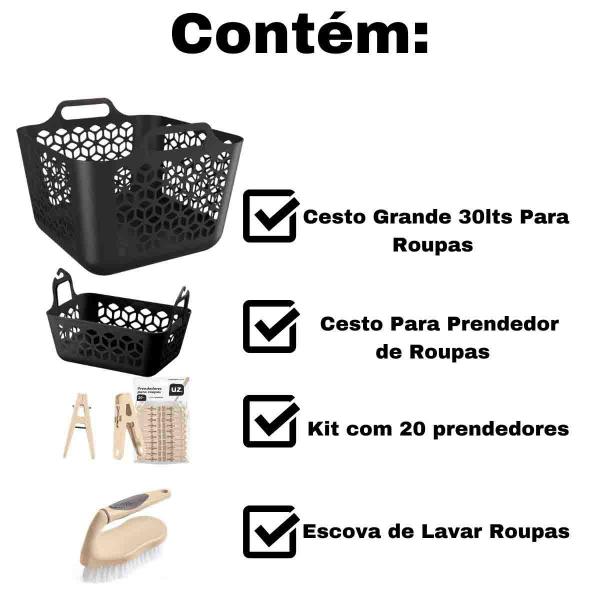 Imagem de Kit Lavanderia Lava Roupas Com Cesto Para Roupas Prendedor Escova 4 Peças UZ