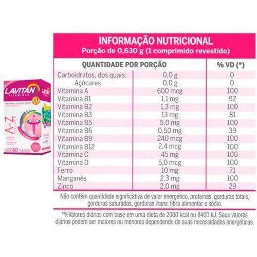 Kit Lavitan AZ mulher feminino c/2x60 acido folico imunidade energia - CIMED Imagem de Kit Lavitan AZ mulher feminino c/2x60 acido folico imunidade energia
