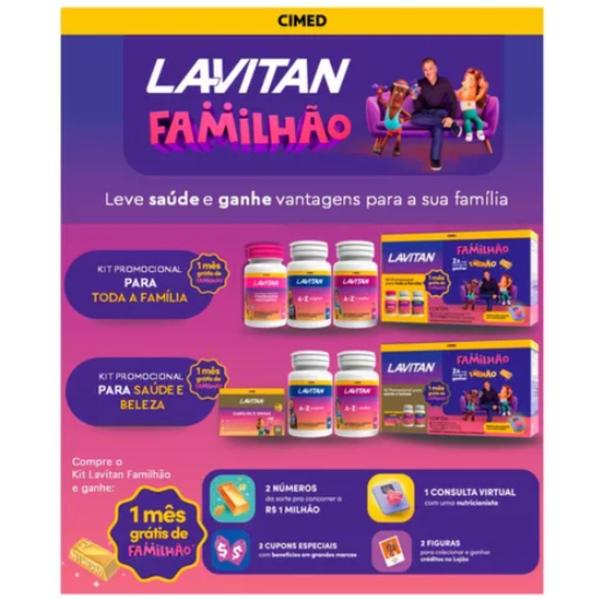 Imagem de Kit Lavitan Familhão (1 Cabelos e Unhas 30 cáps + 1  A-Z Original 60 cp rev + 1 A-Z+ Mulher 60 cp rev)