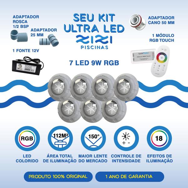 Imagem de Kit Led Piscina 112m² - 7 Led 9w, Módulo Rgb + Dispositivos