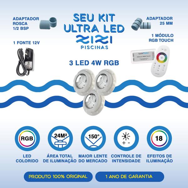 Imagem de Kit Led Piscina 24m² - 3 Leds 4w, 1 Módulo Rgb + Fonte