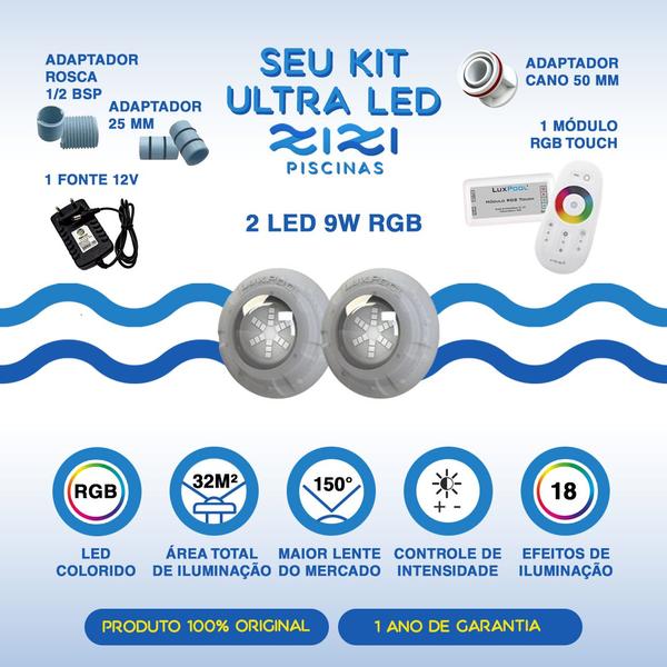 Imagem de Kit Led Piscina 32m² - 2 Led 9w, Módulo Rgb + Dispositivos