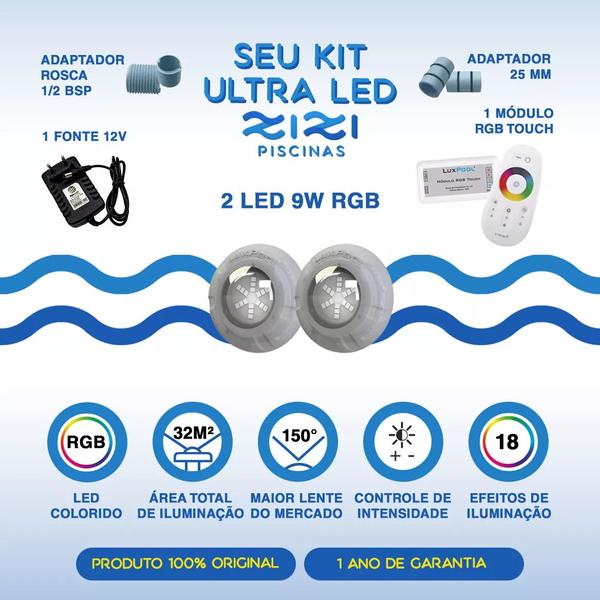 Imagem de Kit Led Piscina 32m² - 2 Leds 9w, 1 Módulo Rgb + Fonte