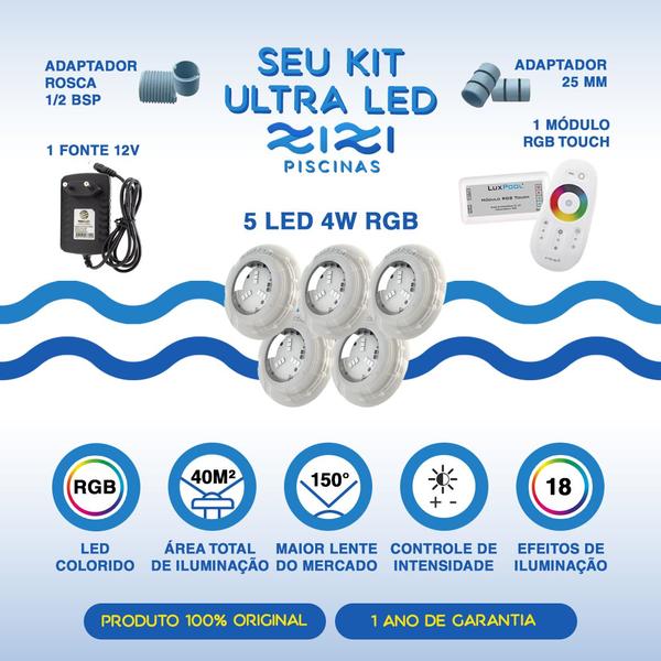 Imagem de Kit Led Piscina 40m² - 5 Leds 4w, 1 Módulo Rgb + Fonte