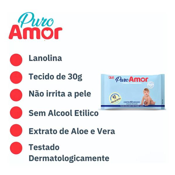 Imagem de Kit Lenço Umedecido - Puro Amor 40uni C/3 Pacotes