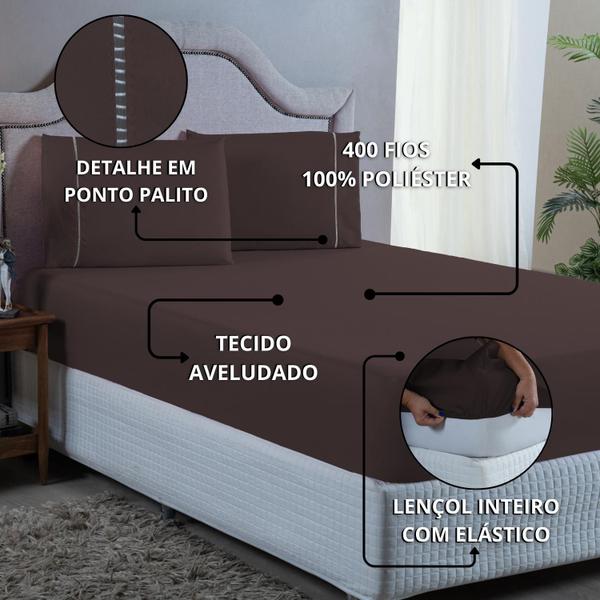 Imagem de Kit Lençol Casal 3 Peças Ponto Palito 400 Fios Jogo Roupa de Cama Box Toque Aveludado