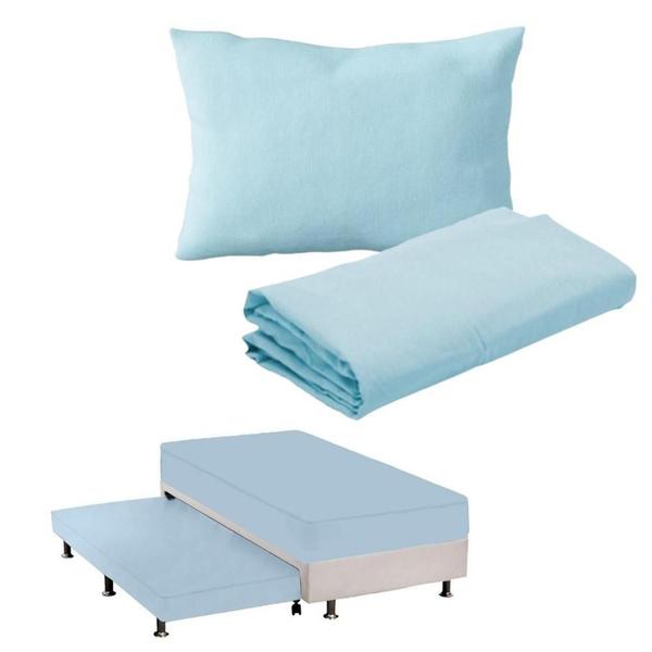 Imagem de Kit Lençol de Elástico e Fronha Solteiro 78cm x 1,88m x 18cm Cama Auxiliar Azul Arrumadinho Enxovais