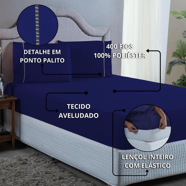 Imagem de Kit Lençol King 3 Peças Ponto Palito 400 Fios Jogo Roupa de Cama Box Toque Aveludado