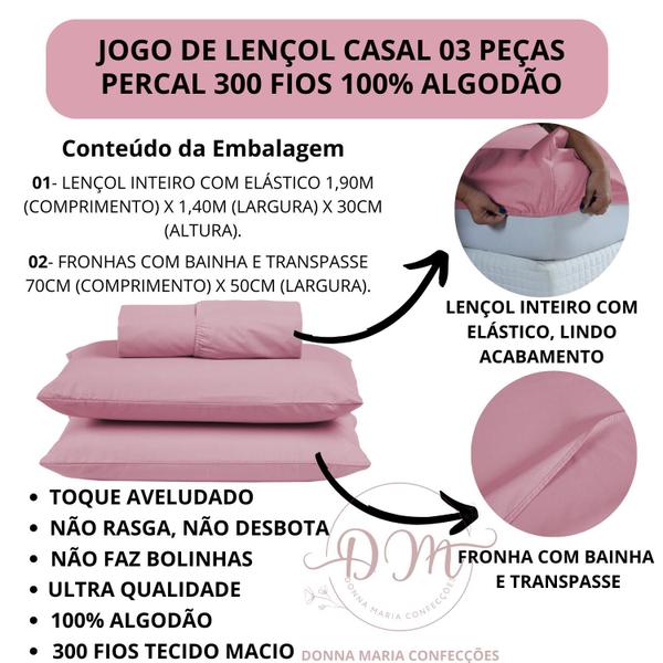 Imagem de Kit Lençol Liso Cama Casal 3 peças Revenda com Fronha 100% Algodão Percal 300 Fios