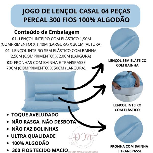 Imagem de Kit Lençol Liso Cama Casal 4 peças Revenda com Fronha 100% Algodão Percal 300 Fios