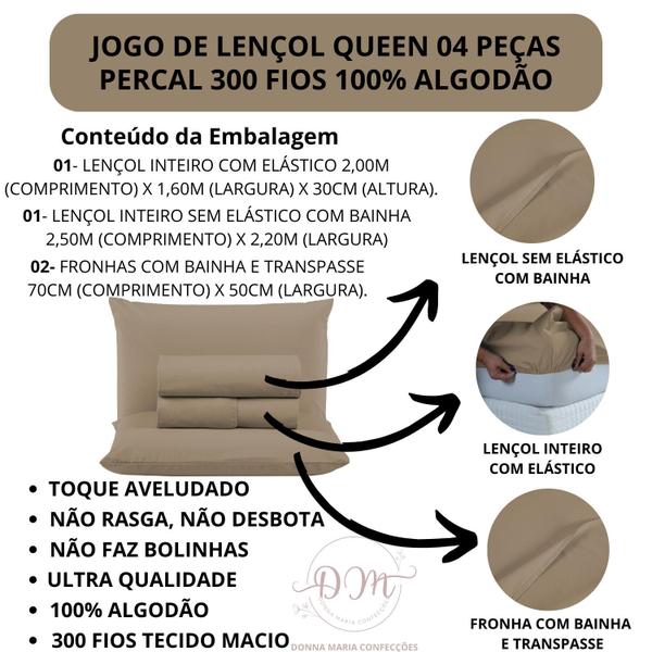 Imagem de Kit Lençol Liso Cama Queen Size 4 peças Revenda com Fronha 100% Algodão Percal 300 Fios