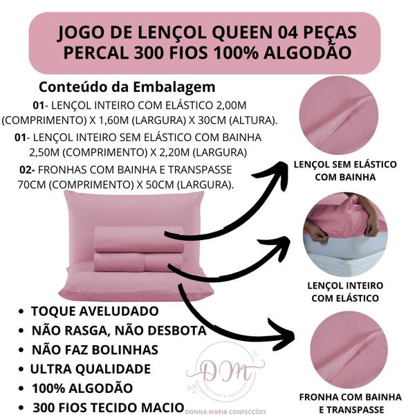 Imagem de Kit Lençol Liso Cama Queen Size 4 peças Revenda com Fronha 100% Algodão Percal 300 Fios