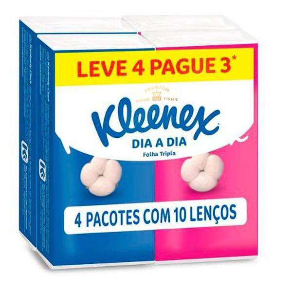 Kit lenços de bolso kleenex dia a dia folha tripla 4 pacotes de 10 folhas - KIMBERLY-CLARK Imagem de Kit lenços de bolso kleenex dia a dia folha tripla 4 pacotes de 10 folhas