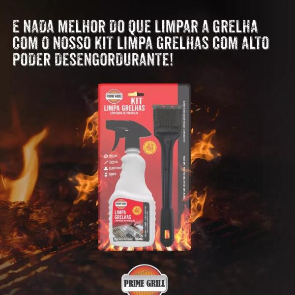 Imagem de Kit Limpa Grelhas Com Escova Raspadora De Aço Desengordura Forno Coifa Churrasqueira Prime Grill 500ml