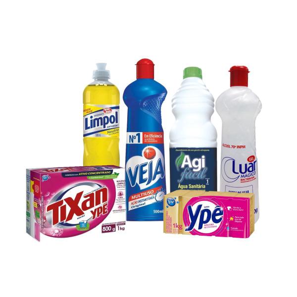 Imagem de Kit Limpeza Completo: Água Sanitária, Álcool Gel, Detergente, Limpador Multiuso, Sabão em Pedra e Sabão em Pó