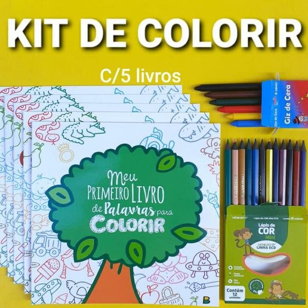 Imagem de kit livro de colorir com lápis de cor e giz de cera e cinco livros