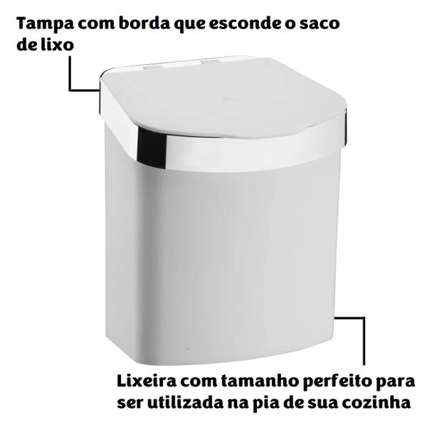 Imagem de Kit Lixeira 2,5L Dispenser Porta Detergente Esponja Escorredor Talheres De Pia Branco Cromado - Future