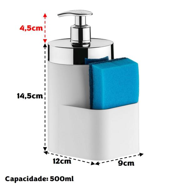 Imagem de Kit Lixeira 2,5L Dispenser Porta Detergente Esponja Escorredor Talheres De Pia Branco Cromado - Future