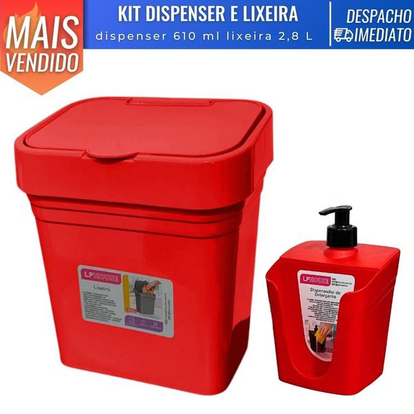 Imagem de Kit Lixeira 2,8 L e Dispensador Porta Detergente 610 ml C/ Bico Dosador