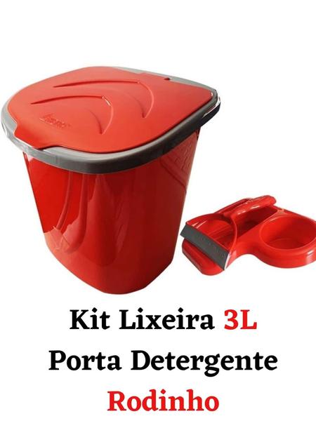 Imagem de Kit Lixeira 3L Porta Detergente raso de Pia e Rodinho Puxador Fino