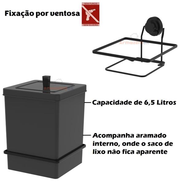 Imagem de Kit Lixeira 6,5L Quadrada Com Suporte Porta Papel Higiênico Gancho Duplo Ventosa Preto Fosco - Future