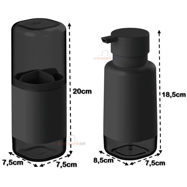 Imagem de Kit Lixeira 6L Com Pedal Porta Escova Sanitária Dente Dispenser Sabonete Banheiro Preto - Ou