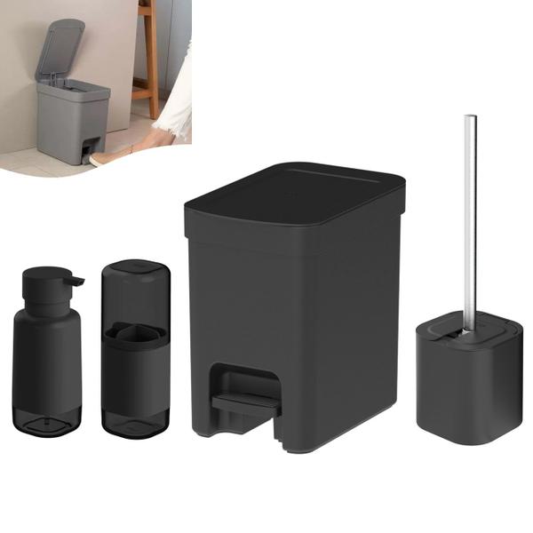 Kit Lixeira 6L Com Pedal Porta Escova Sanitária Dente Dispenser Sabonete Banheiro Preto - Ou Imagem de Kit Lixeira 6L Com Pedal Porta Escova Sanitária Dente Dispenser Sabonete Banheiro Preto - Ou