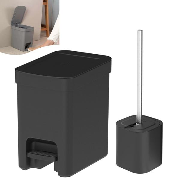 Kit Lixeira 6L Com Pedal Porta Escova Sanitária Dente Dispenser Sabonete Banheiro Preto - Ou Imagem de Kit Lixeira 6L Com Pedal Porta Escova Sanitária Dente Dispenser Sabonete Banheiro Preto - Ou