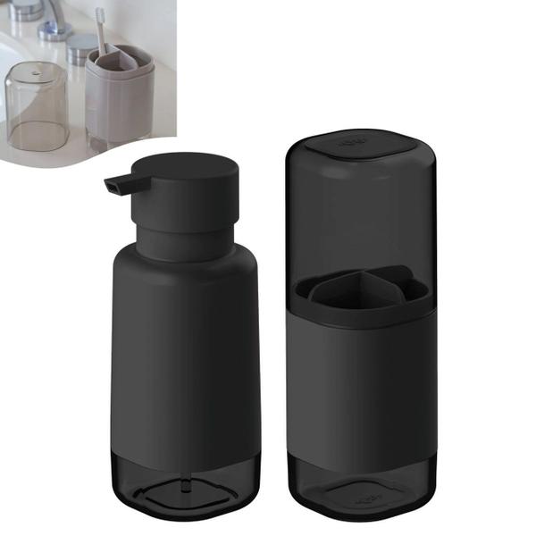 Kit Lixeira 6L Com Pedal Porta Escova Sanitária Dente Dispenser Sabonete Banheiro Preto - Ou Imagem de Kit Lixeira 6L Com Pedal Porta Escova Sanitária Dente Dispenser Sabonete Banheiro Preto - Ou