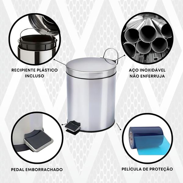 Imagem de Kit Lixeira Cesto 3 Litros Inox + Escova Sanitária Inox