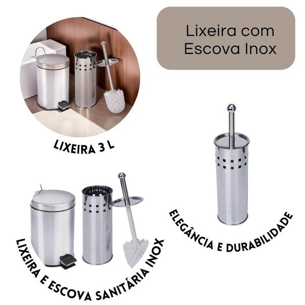 Imagem de Kit Lixeira de Aço Inox 3 L com Escova Sanitária e Suporte  