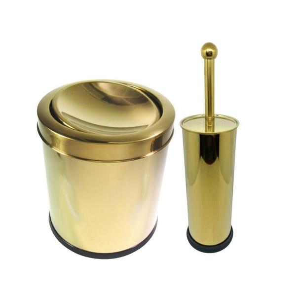 Imagem de Kit Lixeira Dourada Aço Inox Basculante 3L Escova Sanitária