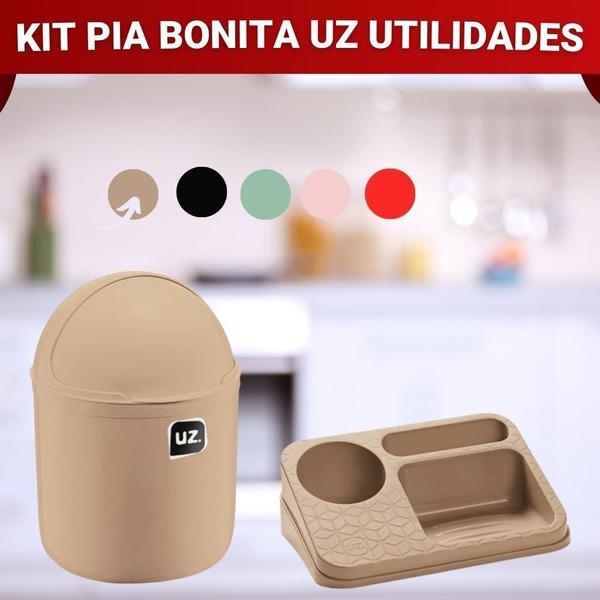 Imagem de Kit Lixeira e Organizador De Pia Porta Detergente Sabão e Esponja UZ