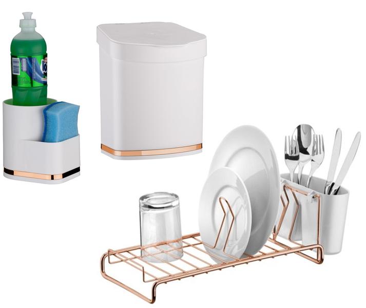 Imagem de Kit Lixeira Escorredor Porta Detergente Rose Gold - Branco