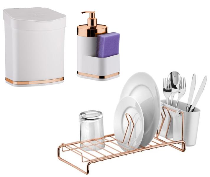 Imagem de Kit Lixeira Escorredor Porta Detergente Rose Gold - Branco