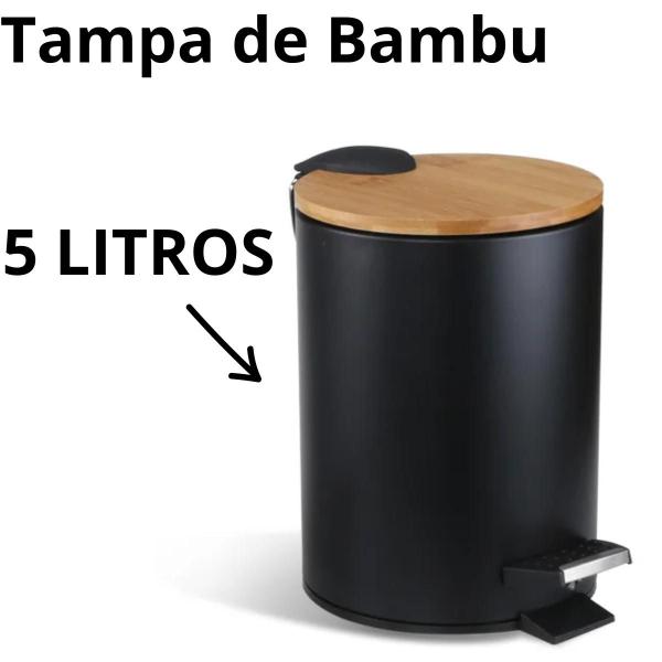 Imagem de Kit Lixeira Escova Sanitaria Banheiro Lavabo Tampa Bambu 5L