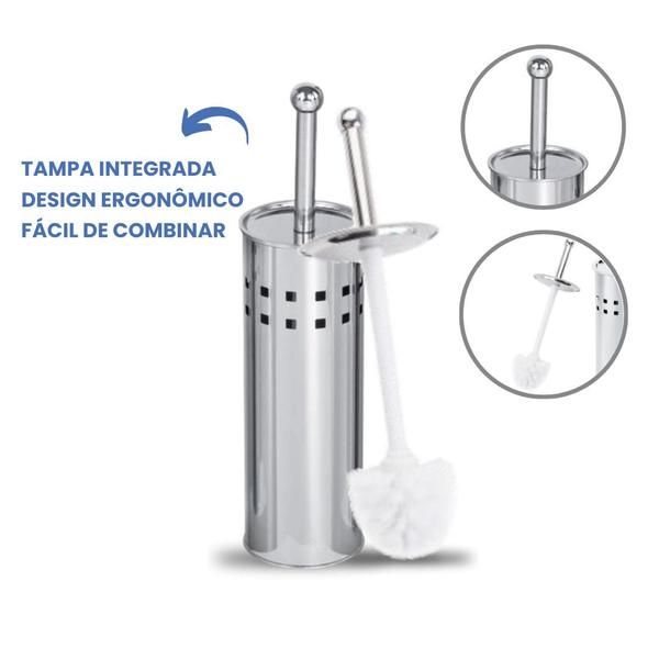 Imagem de Kit Lixeira Escovado Inox Slim 5L  Powermaid + Escova Inox Sanitária Ke Home