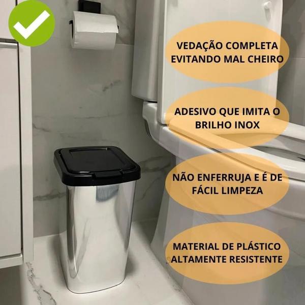 Imagem de Kit Lixeira Grande Cesto De Lixo 9 Litros Escova Sanitária Limpar Vaso Tipo Inox Banheiro Cozinha Quarto Click Label