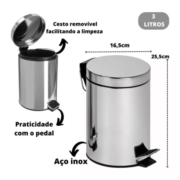 Imagem de Kit Lixeira Inox 3L e Escova Sanitária Aço Inox Suporte com Tampa