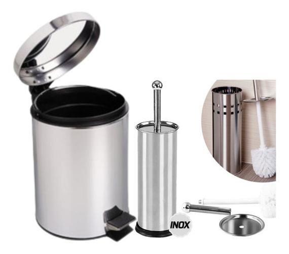 Imagem de Kit Lixeira Inox 5L Cesto De Lixo Banheiro+Escova Sanitária