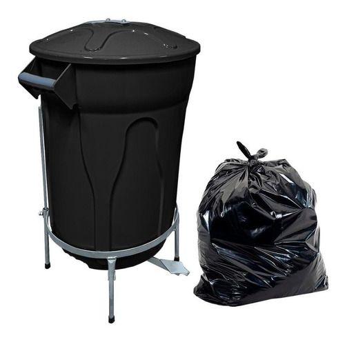 Kit Lixeira Pedal De Aço Preta 100l+ 100 Sacos De Lixo 100l