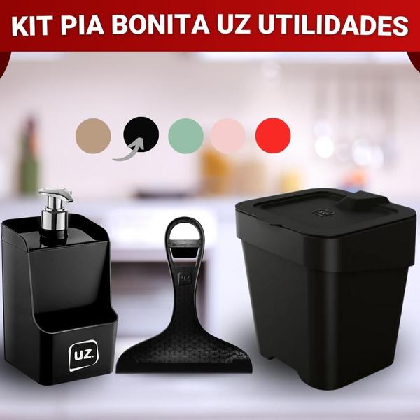 Imagem de Kit Lixeira Porta Detergente Dispenser e Rodinho de Pia Organização Limpeza