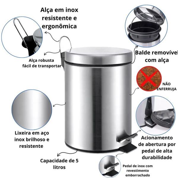 Imagem de Kit Lixeiras Pedal Banheiro Cozinha com Cesto Removível 5L