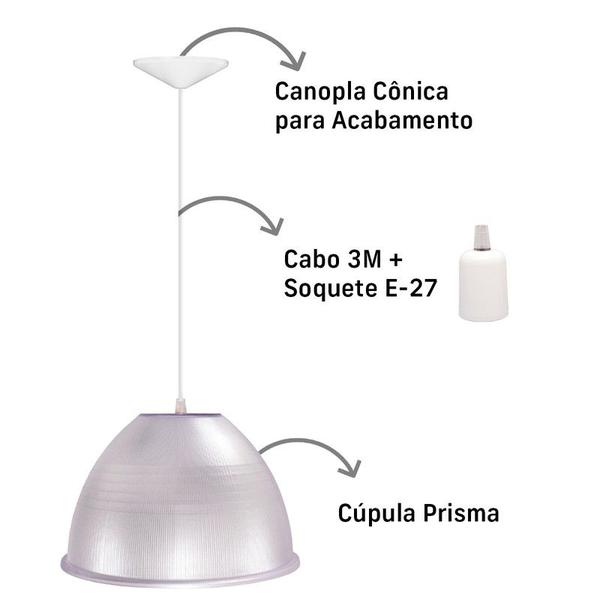 Imagem de Kit Luminária Pendente Prismatica 16 polegadas Galpão Industrial Cabo 3M Lâmpada Bulbo 75W