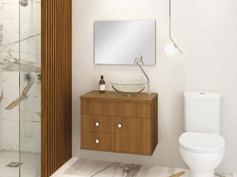 Imagem de Kit Luna 60 para banheiro com espelho e cuba suspenso MDF Cor:Freijó