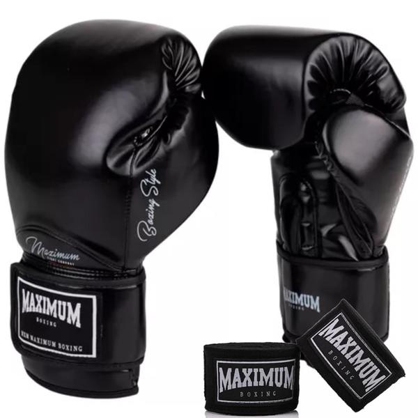 Imagem de Kit Luva Boxe Muay Thai Classic Kickboxing Classic Black + Bandagem 3M - Maximum