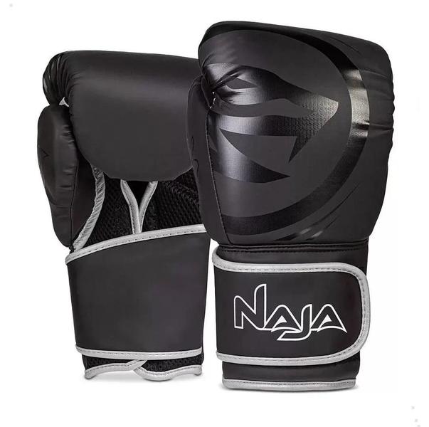 Imagem de Kit Luva Boxe Muay Thai Naja Mod. Black Line Preto/Prata +