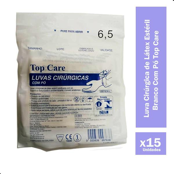 Imagem de Kit Luva Cirúrgica de Látex Estéril N 6,5 Branco Com Pó 15 Peças Top Care