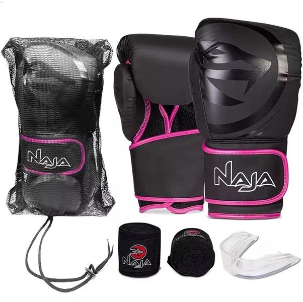 Kit Luva De Boxe E Muay Thai Naja Black Line + Bandagem + Protetor Bucal + Bolsa Bag Imagem de Kit Luva De Boxe E Muay Thai Naja Black Line + Bandagem + Protetor Bucal + Bolsa Bag