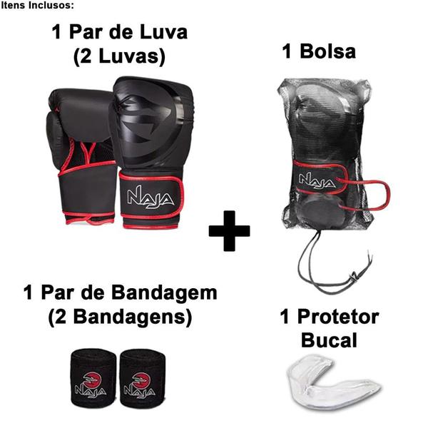 Kit Luva De Boxe E Muay Thai Naja Black Line + Bandagem + Protetor Bucal + Bolsa Bag Imagem de Kit Luva De Boxe E Muay Thai Naja Black Line + Bandagem + Protetor Bucal + Bolsa Bag